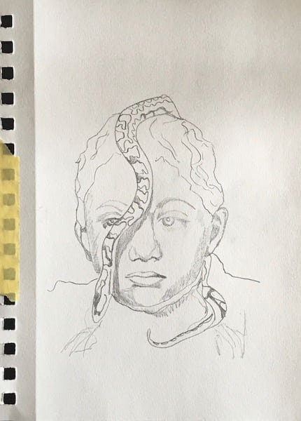 A sketch of a head with a serpent on it. 