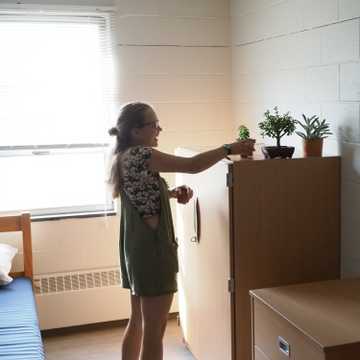 A girl places succulent plants on a dresser.
