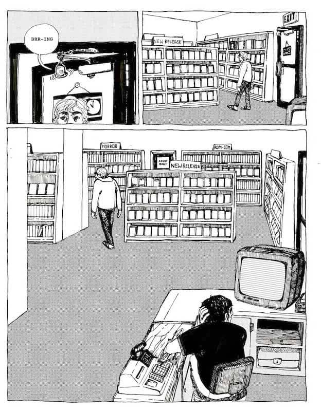 Comic panel shows people in a movie rental store
