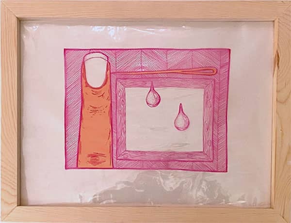 A drawing of a finger being pricked by a sewing needle and droplets of blood.