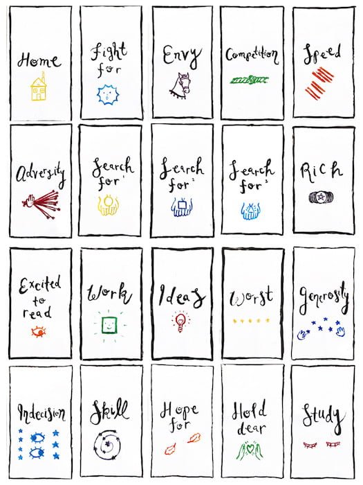 Twenty boxes with words in them