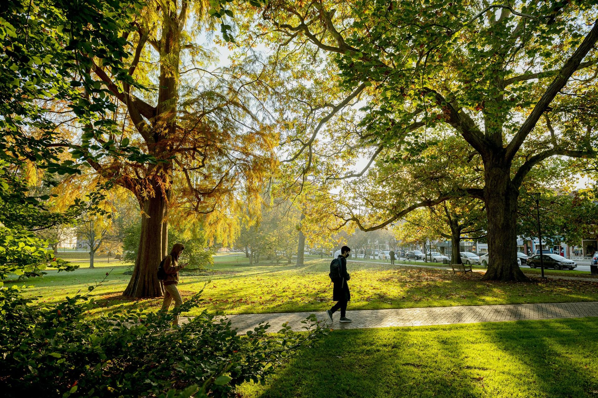 Two students walk through a city park on a fall day.