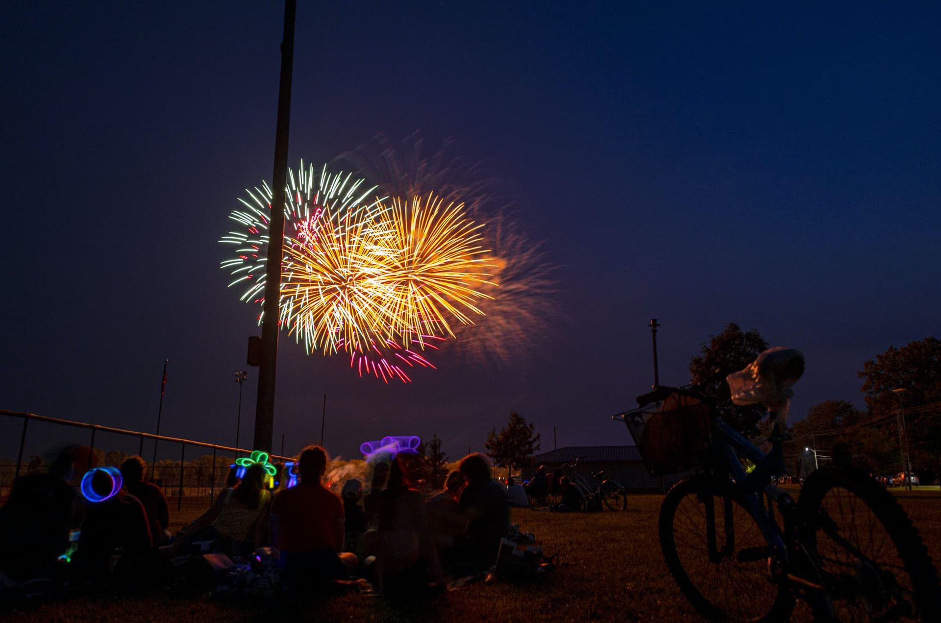 Two people look at firework in a park.