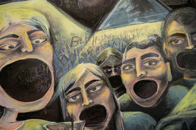 An artist drawing of screaming people.