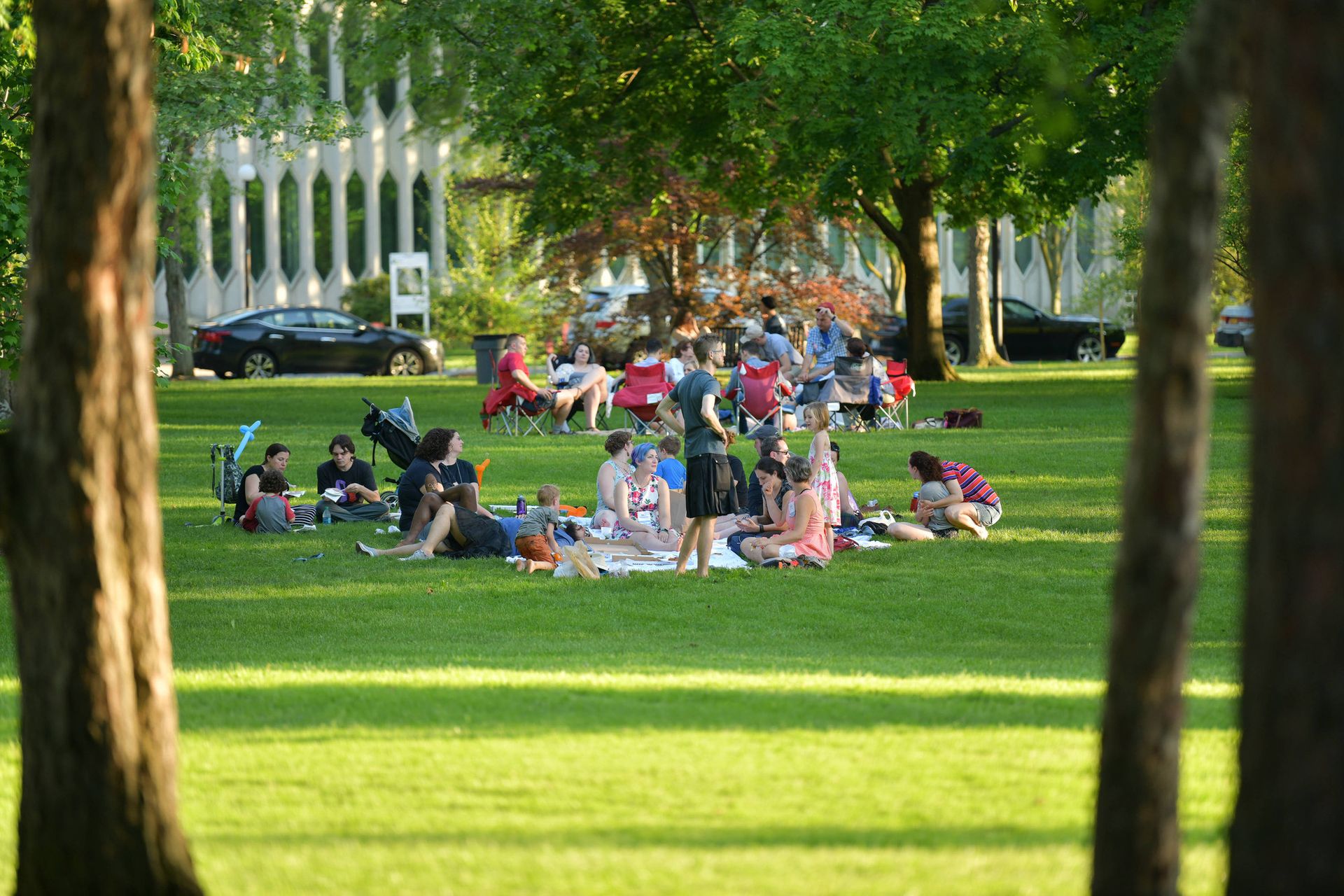 Groups of people picnic in the park.