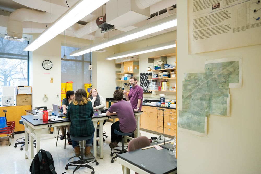 Harper Watson ‘20, David Kotlikoff '20, Anshuman Mor ‘21, Hannah Shafer ‘19, and Abby Parker ‘22 prepare to conduct a squirrel anti-predator study with Professor of Biology Keith Tarvin.