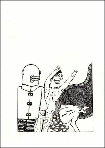 Three drawings of figures in various poses