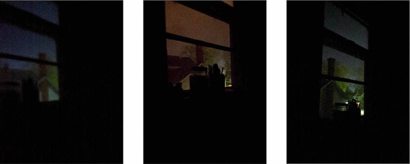 Three series of night shots outside a window.