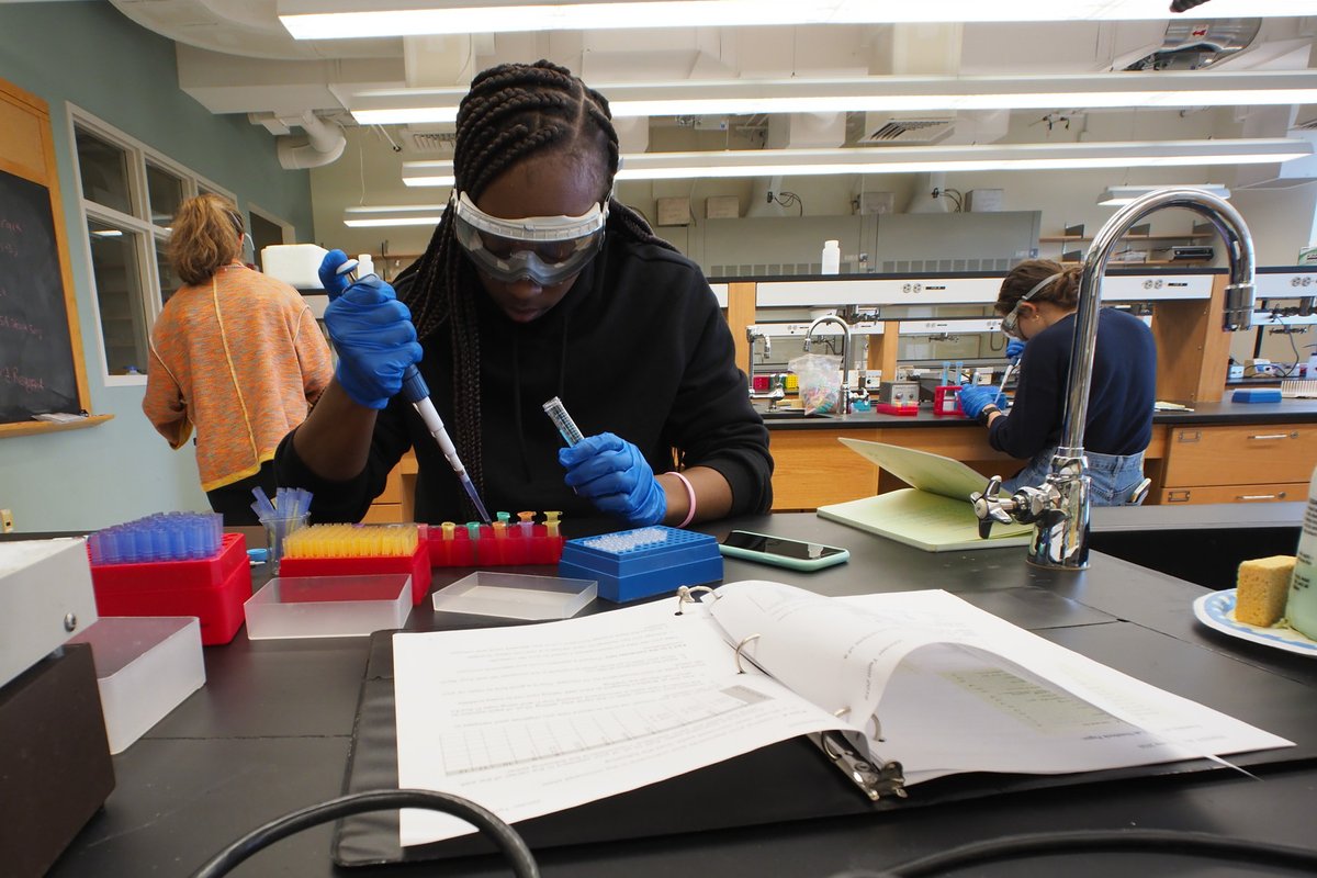 A girl uses a tool to fill test tubes in a chemistry lab.