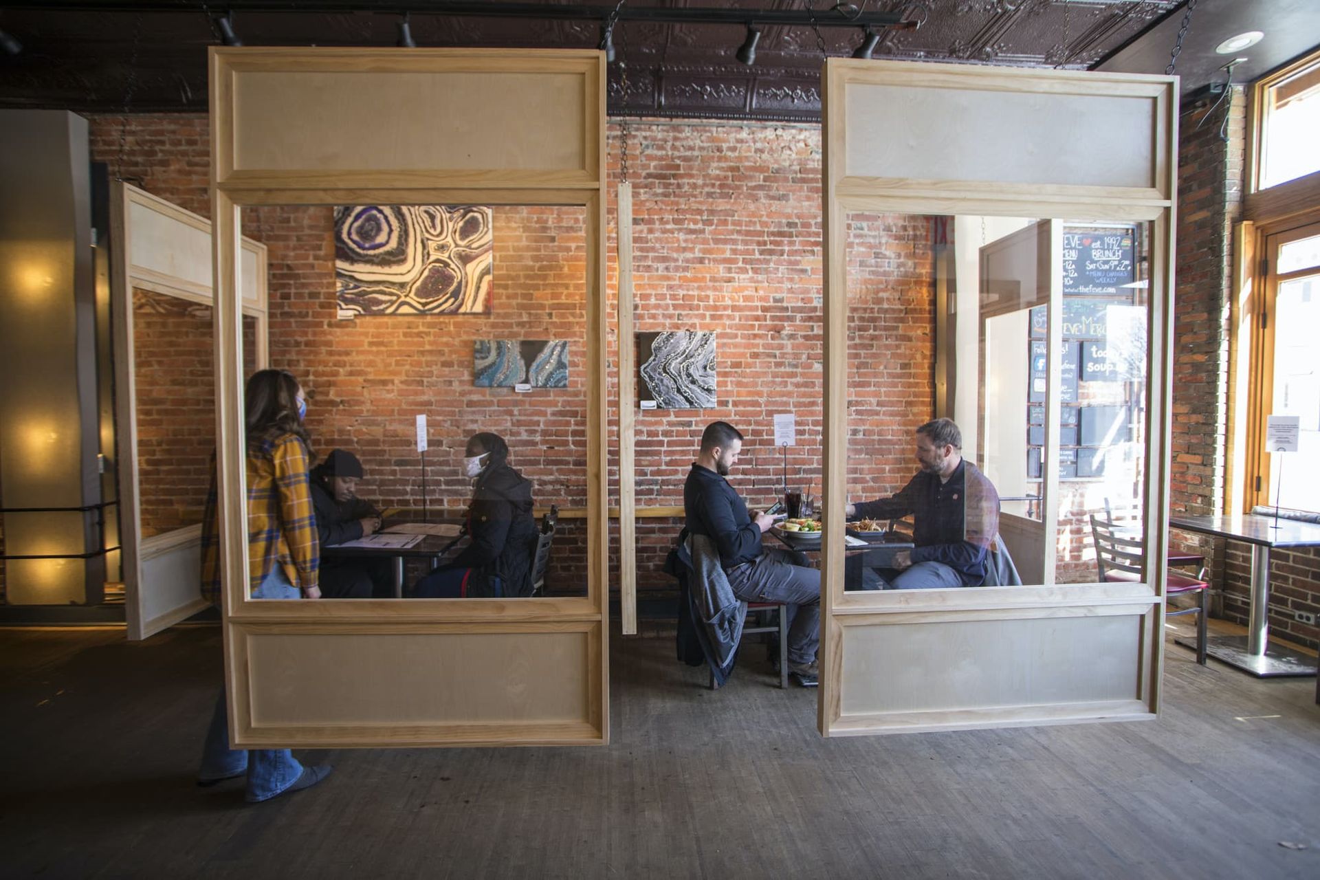 A restaurant with partitions