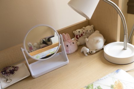 Small stuffed animals sit on a desk.
