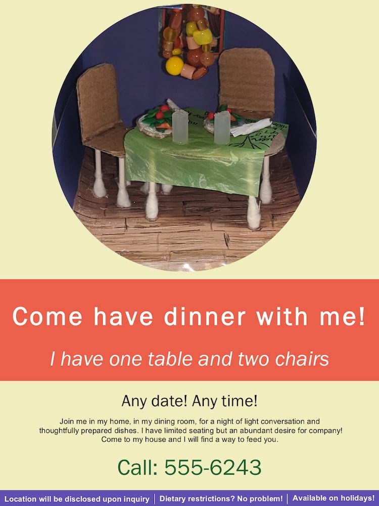 A flyer that invites people to come to have dinner.