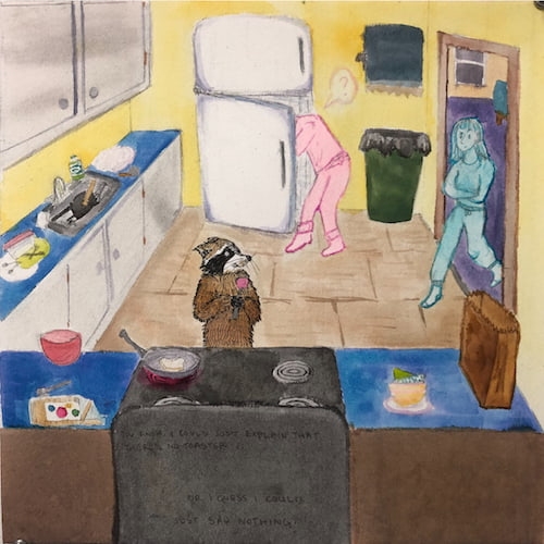 A drawing of a racoon cooking in a kitchen, a person looking in a refrigerator, and another person walking into the kitchen.