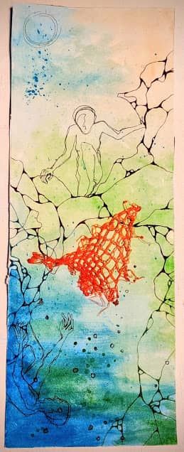 A sketch of a person looking at their reflection in a pond