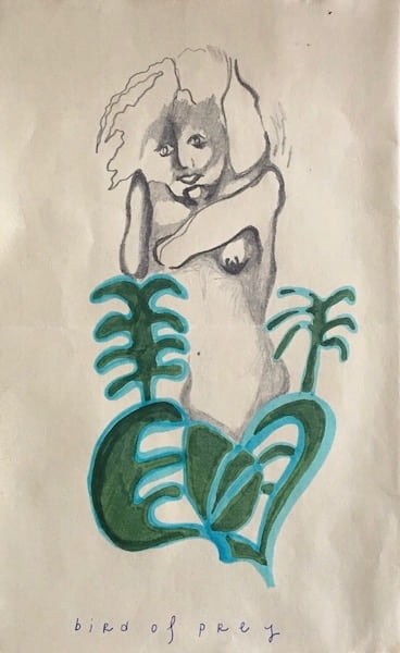 A watercolor of a naked woman emerging from leaves.