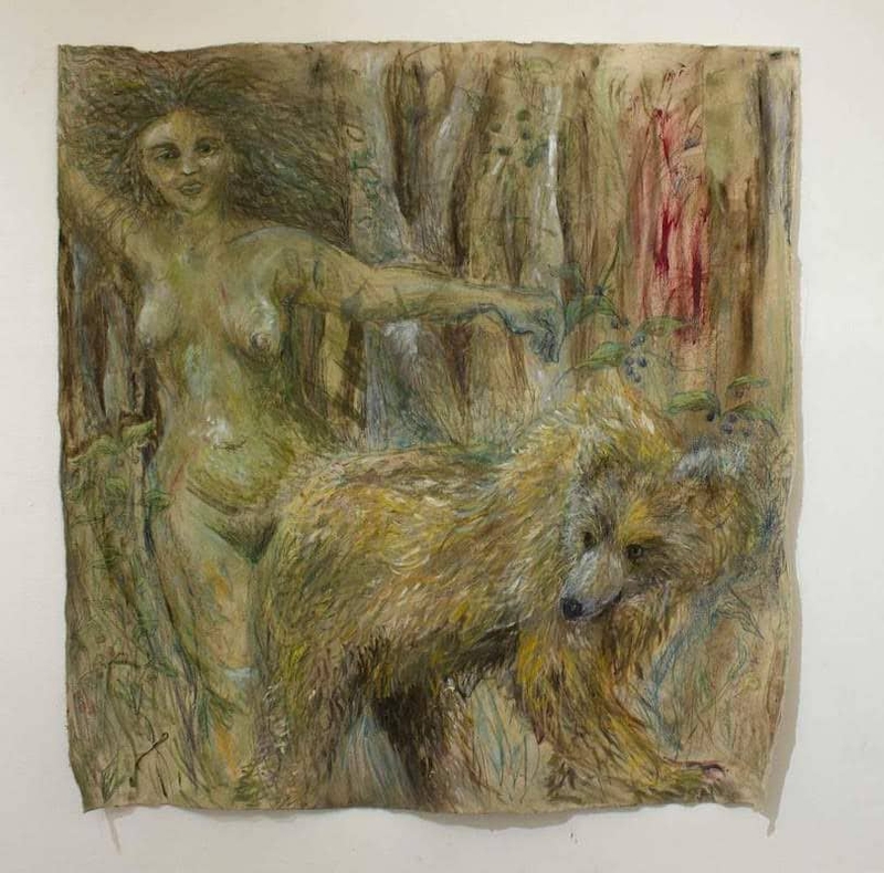 A colored pencil drawing of a naked woman and a wolf