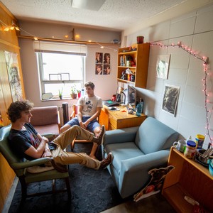 Two sitting in a dorm room with retro music group posters and stringed lights on the walls.