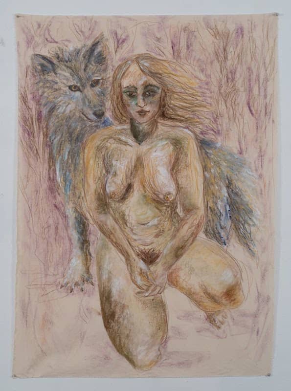 A colored pencil drawing of a naked woman and a wolf behind her.