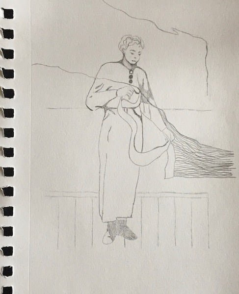 A full body sketch of a person holding a coffee mug
