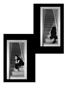 Two picture frames of two people laying and sitting on stiars