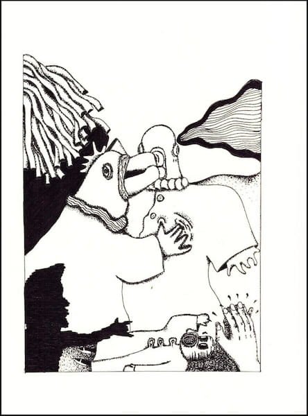 A beaked drawn figure kisses another figure