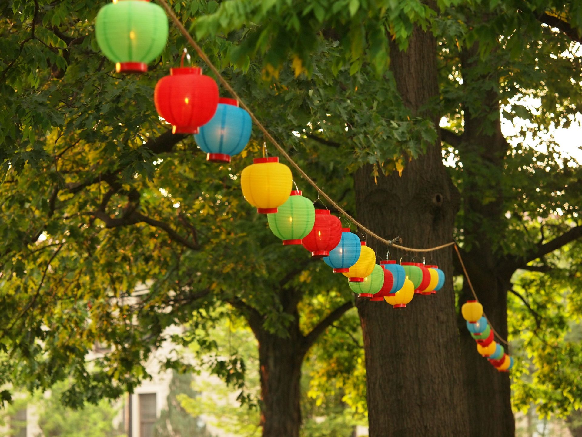 Two hanging ropes with lanterns on them.