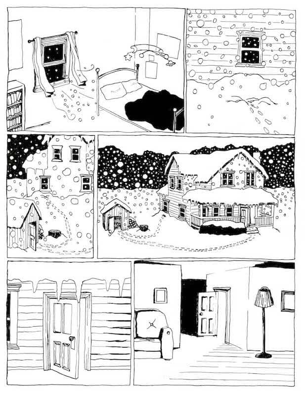 Comic strip with snowy scenes of a house