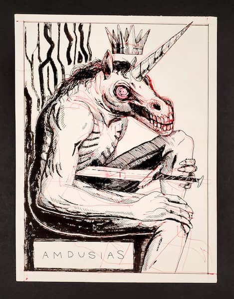 A monster with a long horn and large eyes sits on a throne