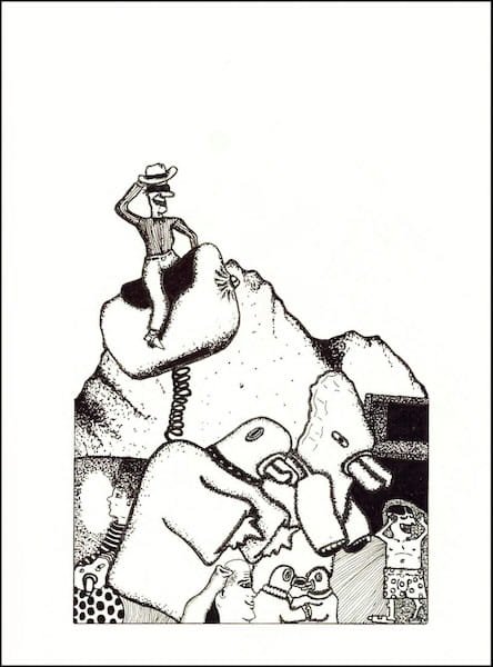 A cowboy on a mechanical horse is surrounded by fictional creatures 