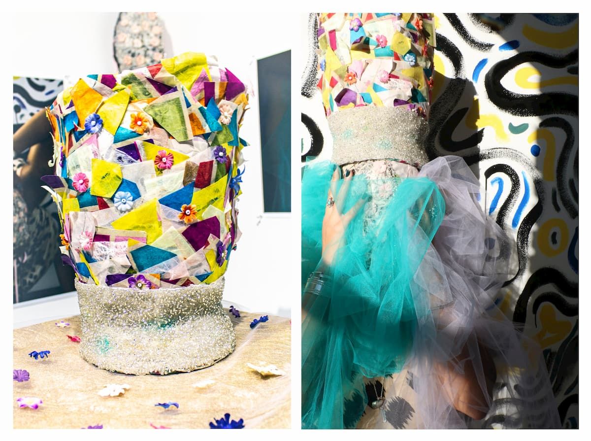 A crown made of clothe squares.