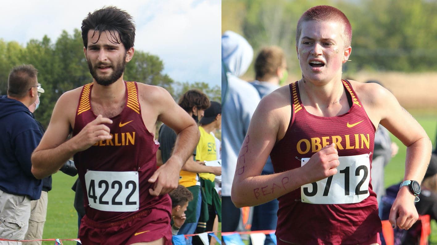 Two runners compete in a cross country race.