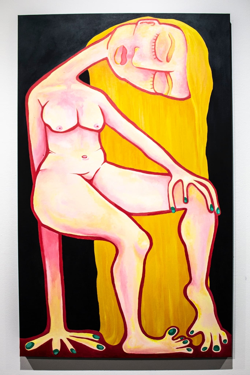 A painting of a naked woman sitting slummed in a chair.