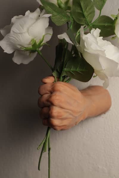 A hand through a wall holding a bouquet of roses