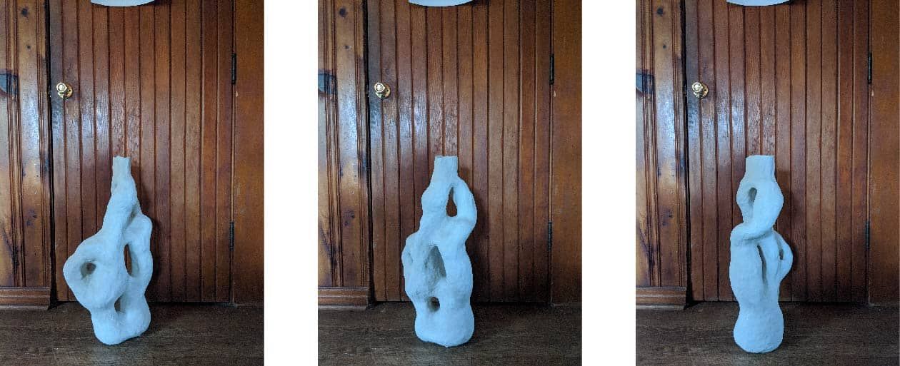 Three pictures of a clay sculpture