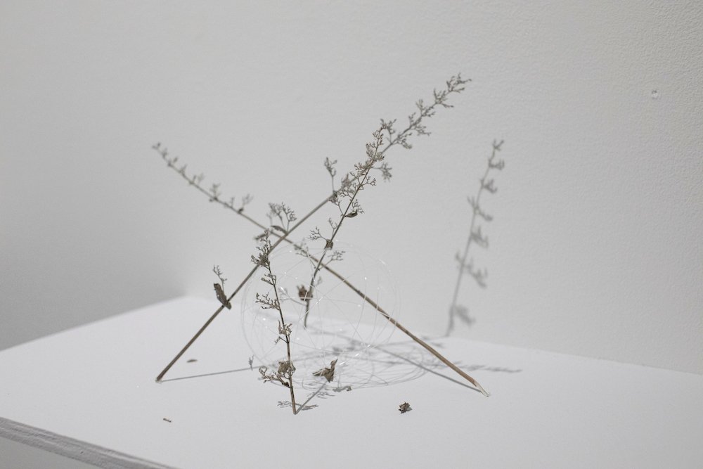 A balloon with leaves and sticks around it.