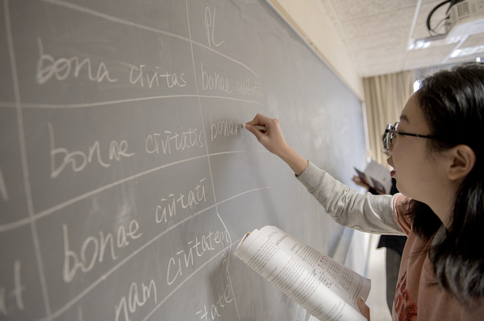 Latin words fill a blackboard.